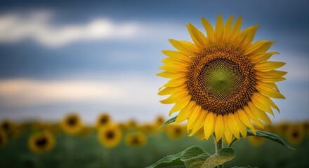 Fototapeta premium Vibrant yellow sunflower standing tall in a vast field under a cloudy sky