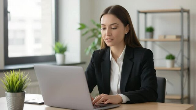 Young woman in business suit focused on laptop during video interview	