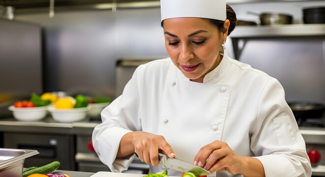 Professional female chef prepares healthy fresh vegetables in a commercial kitchen, showcasing culinary skills and a commitment to quality ingredients for fine dining.