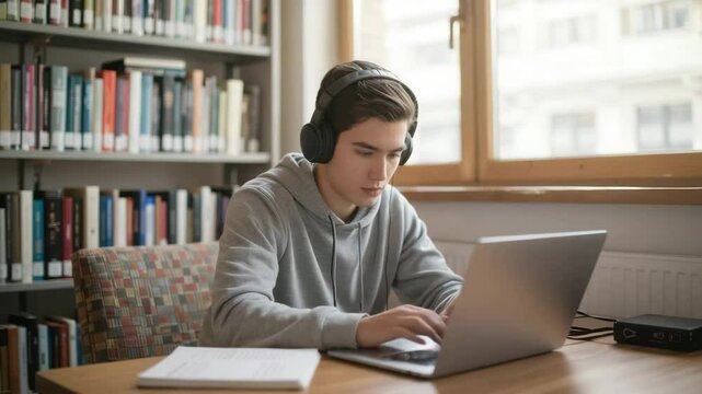 Male student with headphones working on laptop in quiet library	