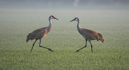 Obraz premium Sandhill Cranes in Misty Morning Field
