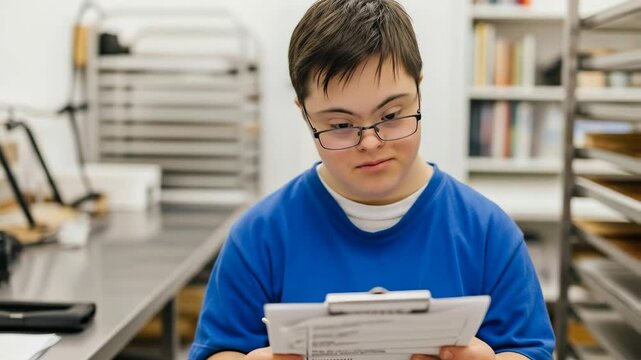 Young caucasian man with down syndrome reading document in office. Male person with glasses studying paperwork at workplace. Inclusion and diversity concept. Employment opportunities banner