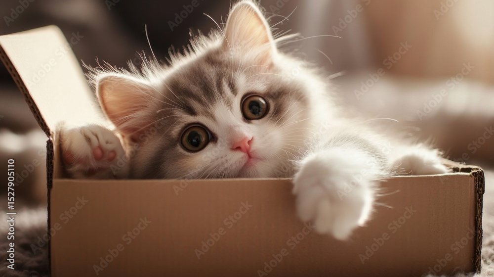 Poster a playful fat kitten exploring a cardboard box, its curious eyes and fluffy body adding a sense of a