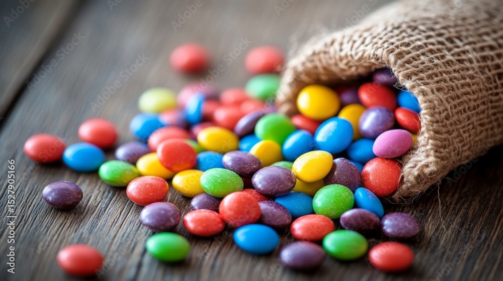 Poster a playful layout of rainbow-colored candies scattered on a wooden table, with a few candies spilling