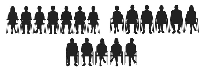 Silhouettes of people sitting in rows of chairs, vector illustration set. Group of men and women seated facing forward in different postures and outfits.