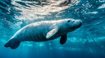 A playful dugong swimming close to the surface, with its flippers extended and bubbles rising around it, capturing the joy and liveliness of marine life.