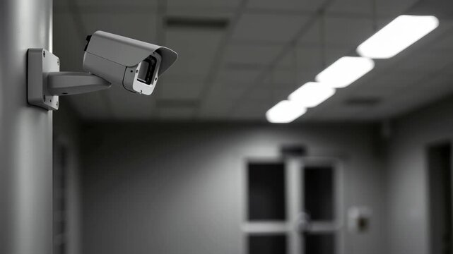 Security surveillance camera installed on wall in blurred office environment. Gray monitoring device for indoor protection. Safety technology concept. Corporate security equipment for workplace banner