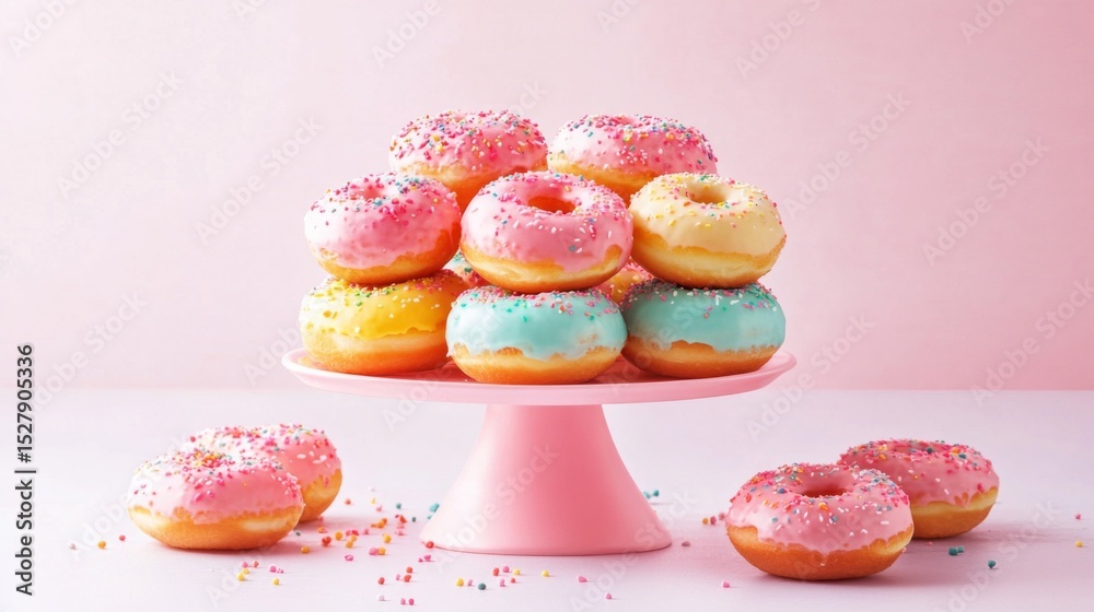 Poster a playful shot of colorful mini donuts arranged on a tiered serving stand, with vibrant decorations 