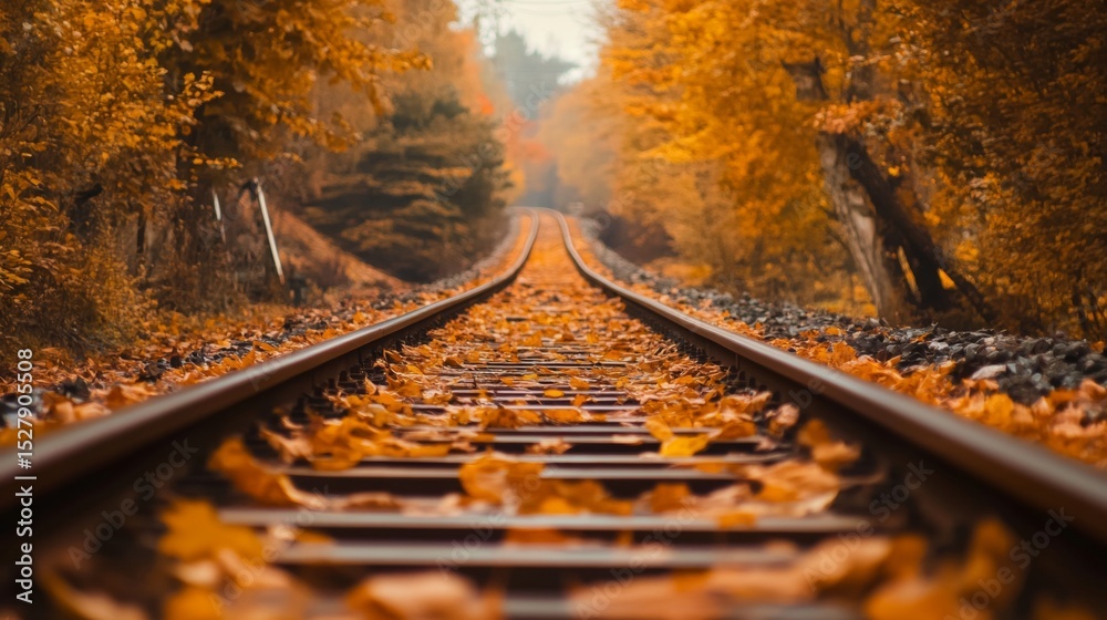 Poster A railway track covered in autumn leaves, creating a warm and nostalgic atmosphere