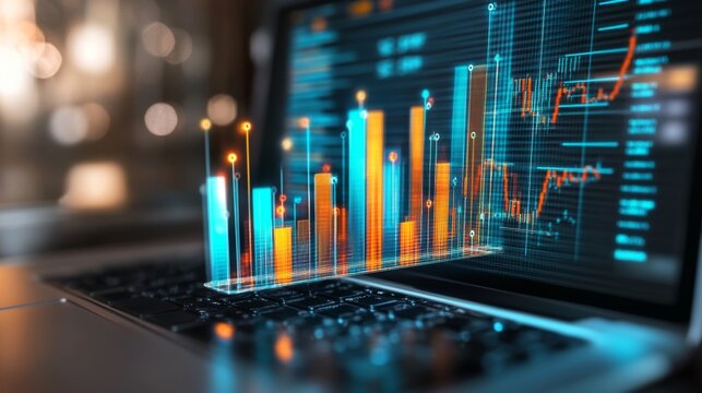 A realistic D bar chart emerging from a laptop screen, symbolizing data analysis and business intelligence