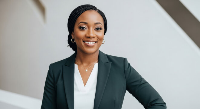 Portrait of a successful African American business woman smiling confidently. Confident black female executive, leader, or entrepreneur posing for a professional corporate headshot.