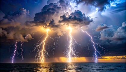 Lightning Strikes Over Ocean at Sunset