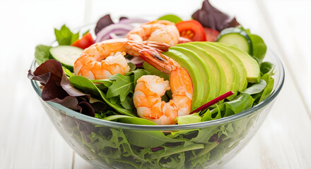 A vibrant shrimp salad bowl showcases fresh avocado, tomatoes, cucumbers, and greens, creating a healthy and delicious meal perfect for lunch or dinner.