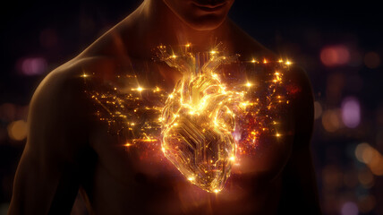 Glowing, digital heart emerges from person chest, symbolizing technology and emotion. vibrant lights and intricate patterns create captivating visual effect