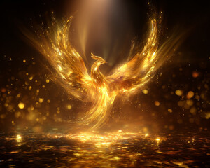 Majestic golden phoenix rises gracefully, surrounded by shimmering particles and warm glow, symbolizing rebirth and transformation. ethereal atmosphere evokes sense of wonder and magic