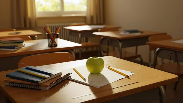 School classroom with wooden desks arranged in rows under warm sunlight. Empty educational environment prepared for students learning activities. Academic concept for educational services