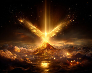 Majestic golden phoenix rises from glowing mountain, surrounded by clouds and stars, radiating light and energy. scene evokes sense of wonder and inspiration