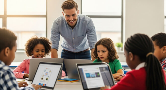 Male teacher guiding diverse elementary school students using laptops in a modern classroom. Concept of technology in education, e-learning, digital literacy, coding, and STEM.