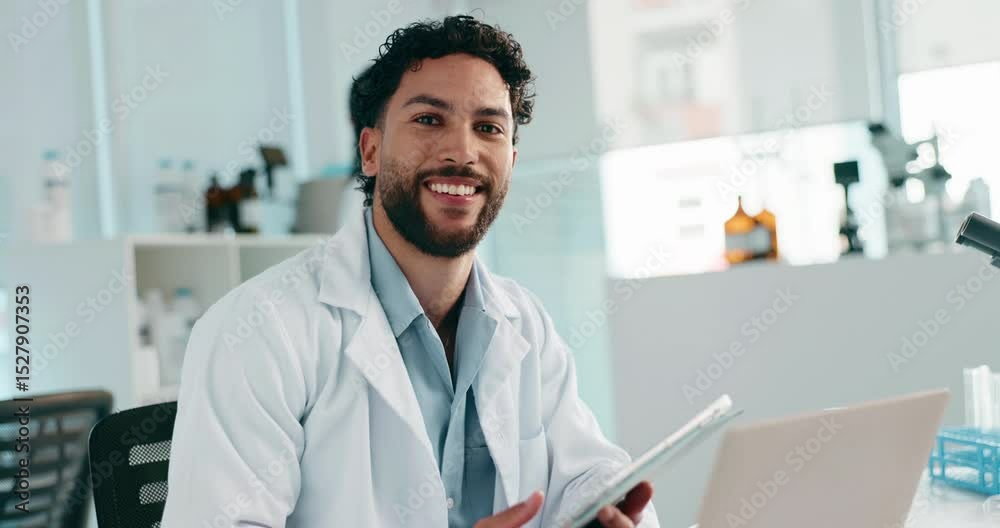 Aufkleber face, man and scientist with tablet in laboratory, investigation and confidence for report research.