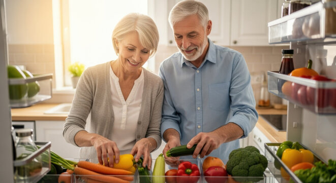 Happy senior couple putting fresh organic vegetables in the refrigerator. Healthy eating, nutrition for retirees. Elderly man and woman sorting groceries in their modern kitchen.