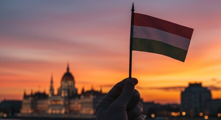 Holding the Hungarian flag with Budapest parliament at a golden sunset