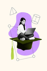 Trend artwork composite banner collage of young girl wit type laptop e-learning huge graduation cap...
