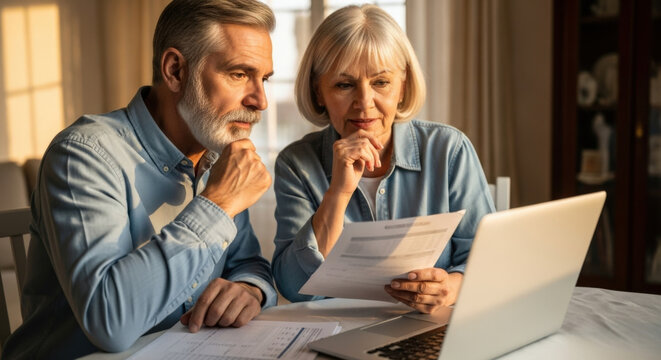 Serious senior couple reviewing financial documents at home. Concerned mature family managing budget, calculating taxes or debt with laptop. Retirement planning, savings and investment.