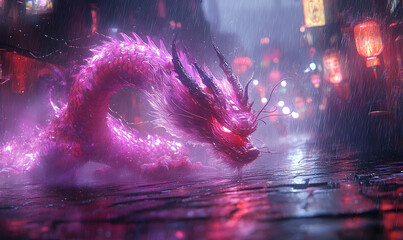 Luminous pink dragon in a neon-lit, rainy Asian-themed city