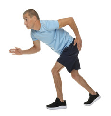Man in sportswear running on white background