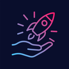 Hand launching colorful cosmic startup. Icon symbol illustration