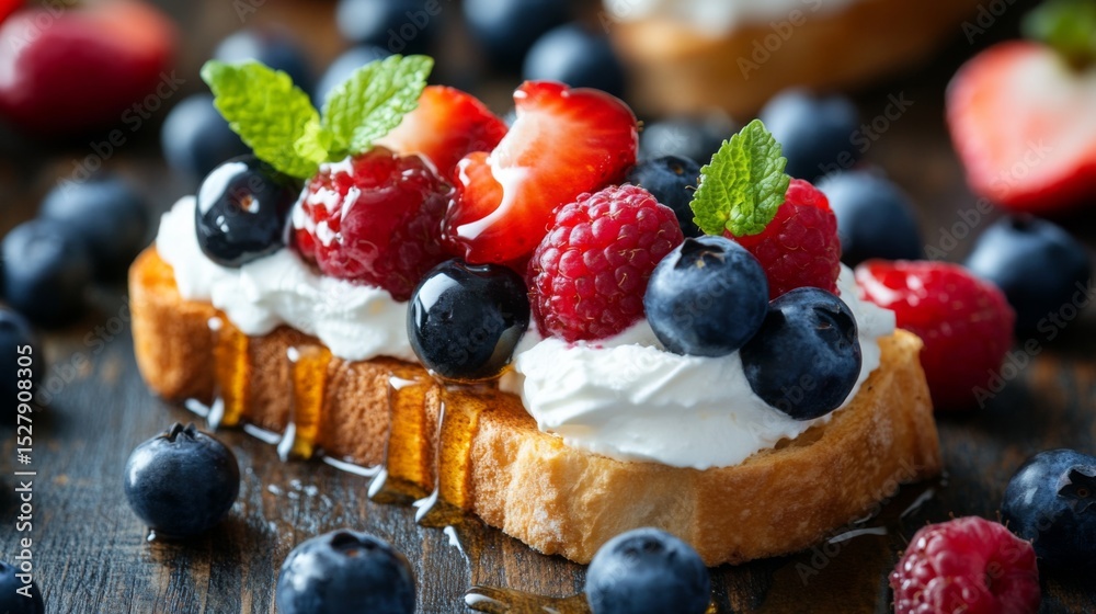 Poster A rustic wooden table with a slice of toasted bread topped with fresh berries and whipped cream, drizzled with honey, creating a delicious and inviting dessert presentation.