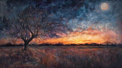 Serene Landscape at Dusk with a Single Tree Under a Starry Sky and a Bright Moon Casting Gentle Light on the Fields