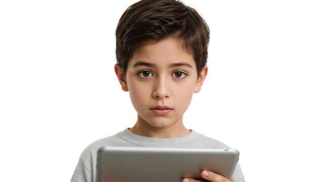A young boy with short brown hair holding a tablet looking directly at the viewer on black background on transparent background