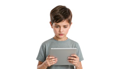 A boy in gray shirt holding a tablet with a focused expression against a black background studio shot on transparent background