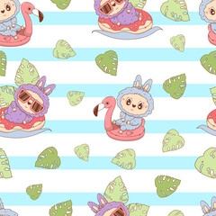 Seamless pattern Cute Monster Toy on pink flamingo and donut pool with tropical leaves on striped background. Funny Beach summer kawaii character. Vector illustration. Kids collection