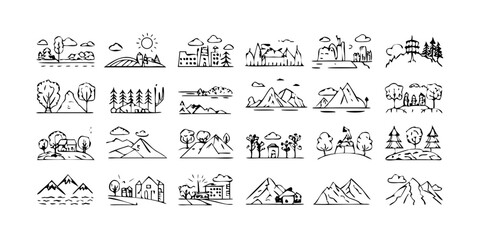 Landscapes line icon set – vector pictograms of natural scenes