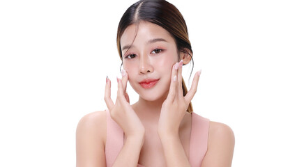Beautiful young Asian woman with healthy and perfect skin on isolated white background. Facial and...