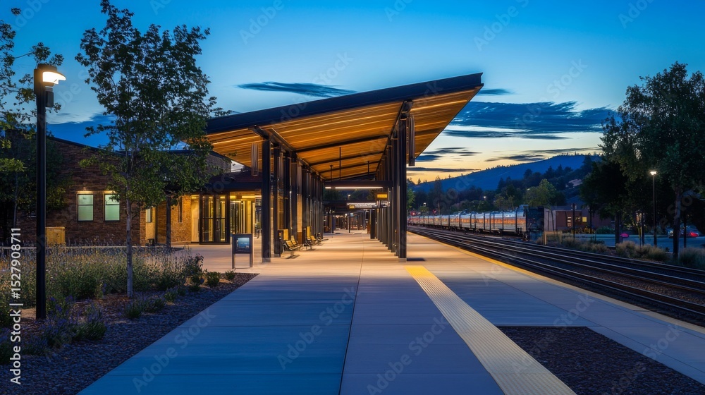 Poster a scenic view of a modern electric train station illuminated at night, with architectural lighting h