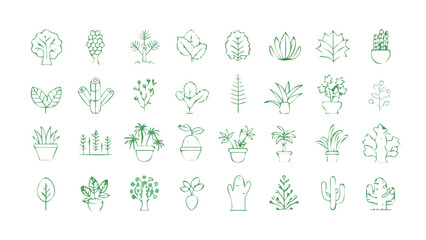 Plants Line Icon Set &ndash; Vector Pictograms of Trees, Leaves, and Botanical Elements


