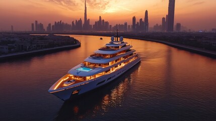 Naklejka premium Big luxury yacht at sunset