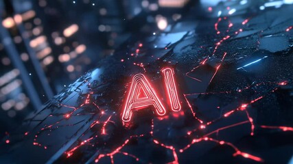 Glowing neon letters AI rise from cracked metallic surface, surrounded by sparkling energy particles in a futuristic cityscape - Powered by Adobe