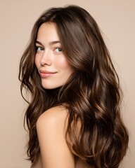 Portrait of woman with wavy brunette hair over shoulder
