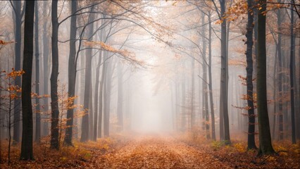Tranquil Autumn Forest Transitioning Into a Foggy Winter Atmosphere