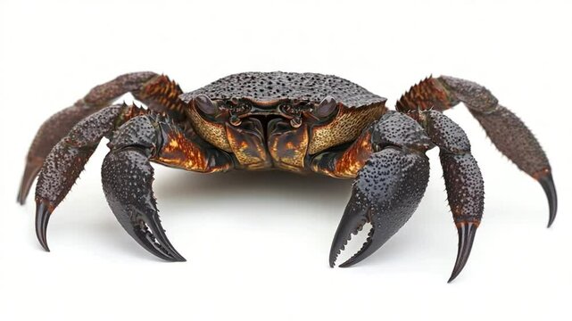 Detailed close-up of a large crab with prominent claws and textured shell on white background