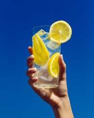 Glass of lemon water held against blue sky