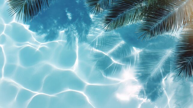 Clear blue swimming pool water reflecting sunlight with palm tree shadows and fronds on the surface.