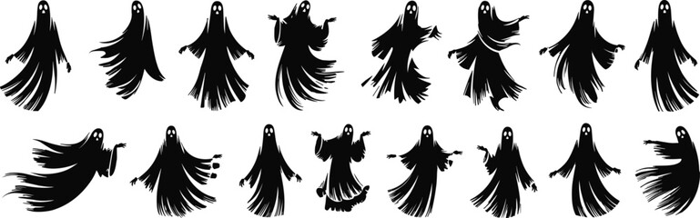 Spooky ghost silhouette vector collection, Halloween spirit clipart, scary phantom figures, haunted graphic set, horror decor