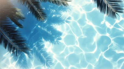 Bright sunlight filters through palm leaves over a clear, rippling pool, creating a tropical and serene atmosphere.