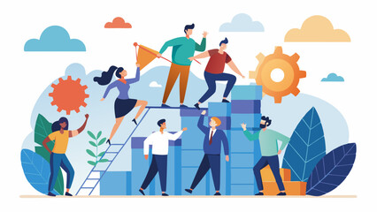 Vibrant Illustration of Diverse Team Collaborating and Climbing Steps Toward Success