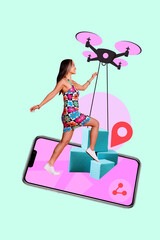 Pop image sketch 3d collage of happy girl guy stand phone truck vehicle delivery drone technology geolocation shipment parcel